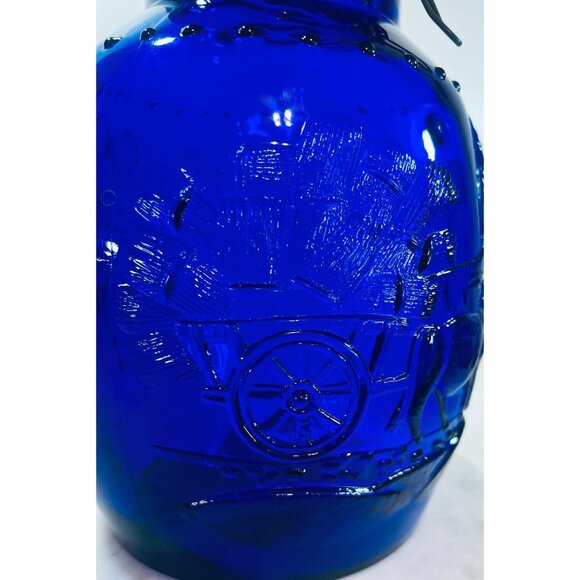 Vtg Italian Embossed Cobalt Blue Glass Jar Hinged Lid Tells a story of a farmer - Picture 7 of 10